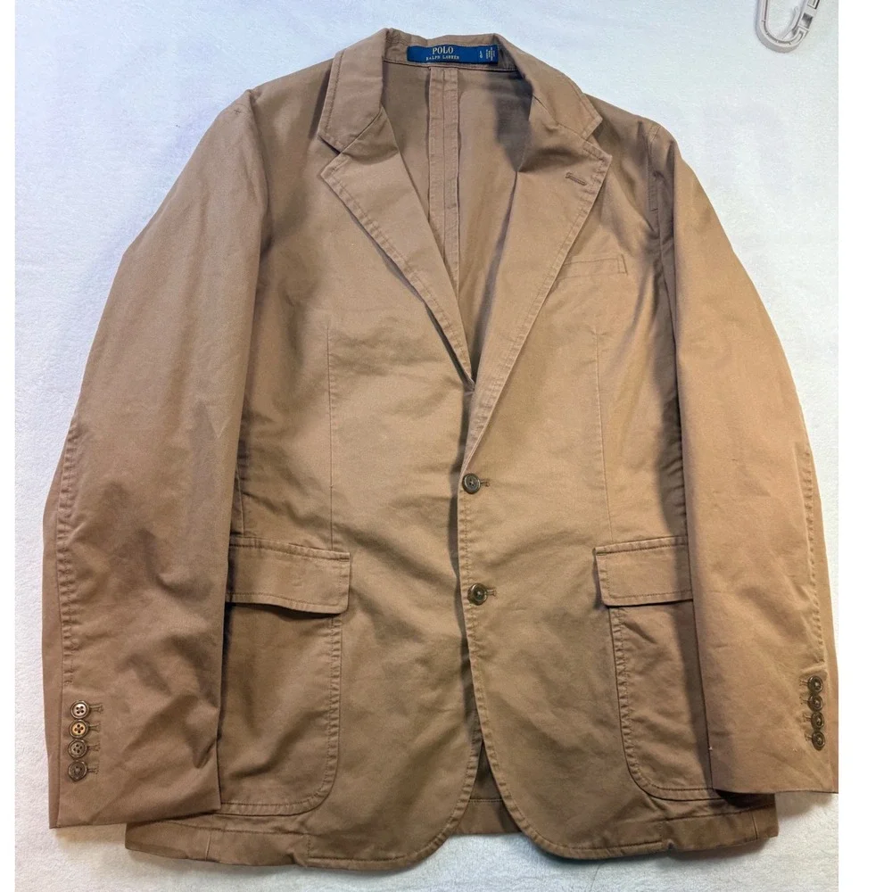 Polo Ralph Lauren Mens Large Khaki Tan Cotton 2 Button Blazer Sport Coat LG - Picture 2 of 12